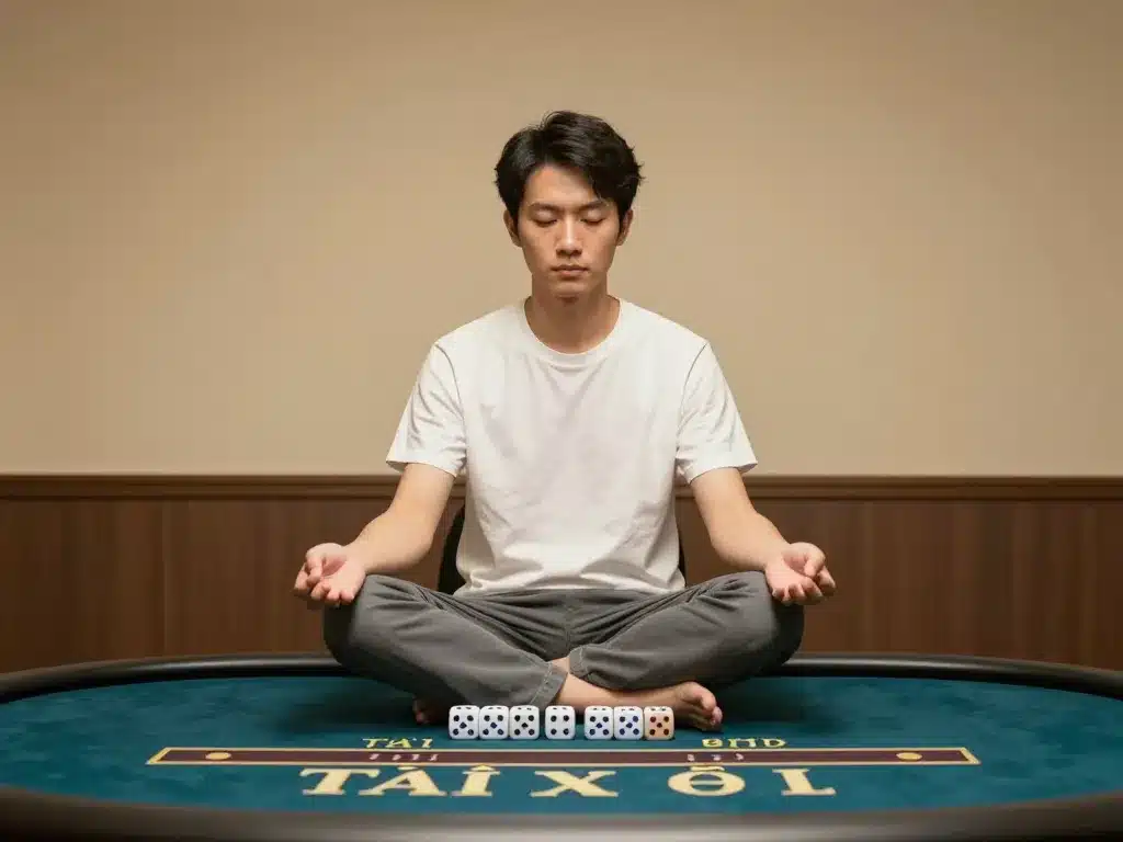 Người Chơi Tài Xỉu Sunwin Ngồi Thiền Bình Tĩnh Trước Bàn Chơi Với Xúc Xắc, Không Gian Casino Yên Tĩnh, Ánh Sáng Dịu Nhẹ Ấm Áp Người chơi tài xỉu Sunwin ngồi thiền bình tĩnh trước bàn chơi với xúc xắc, không gian casino yên tĩnh, ánh sáng dịu nhẹ ấm áp
